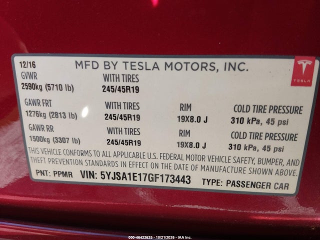 Продажа на аукционе авто 2016 Tesla Model S 60/70/75/85, vin: 5YJSA1E17GF173443, номер лота: 46422625