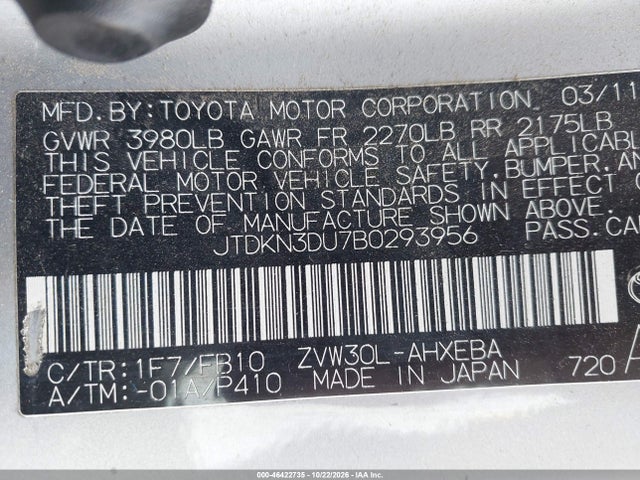 Aukcja sprzedaży 2011 Toyota Prius Two, vin: JTDKN3DU7B0293956, numer aukcji: 46422735