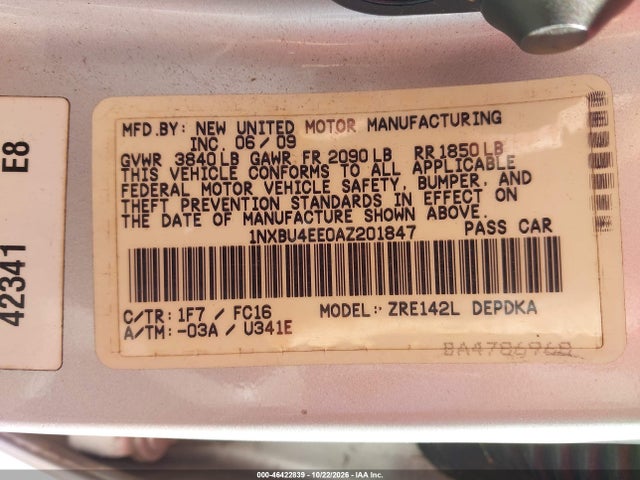 46422839 :رقم المزاد ، 1NXBU4EE0AZ201847 vin ، 2010 Toyota Corolla Le مزاد بيع