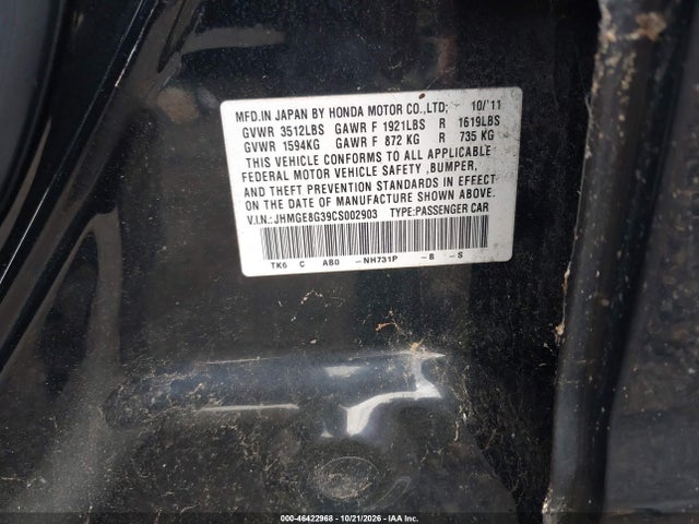 2012 Honda Fit მანქანა იყიდება აუქციონზე, vin: JHMGE8G39CS002903, აუქციონის ნომერი: 46422968