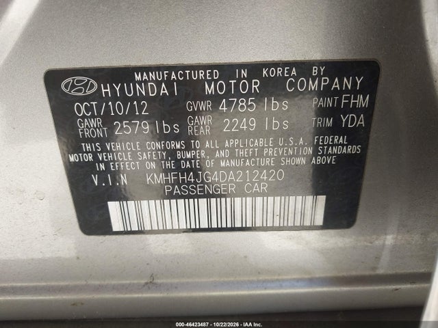 46423487 :رقم المزاد ، KMHFH4JG4DA212420 vin ، 2013 Hyundai Azera مزاد بيع