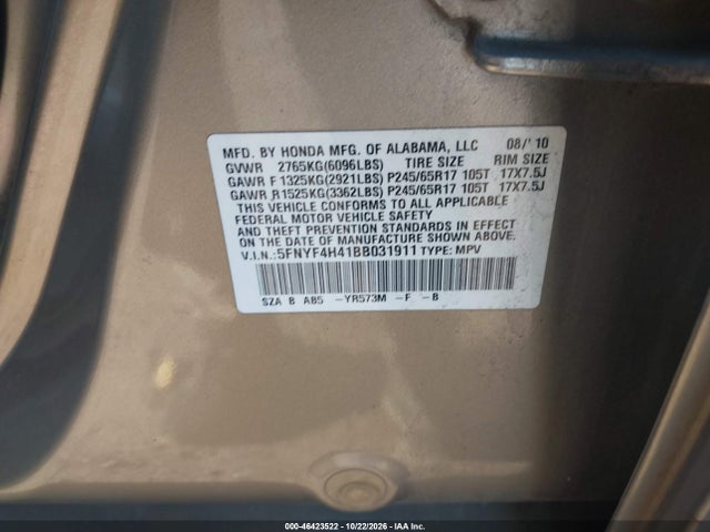 46423522 :رقم المزاد ، 5FNYF4H41BB031911 vin ، 2011 Honda Pilot Ex مزاد بيع