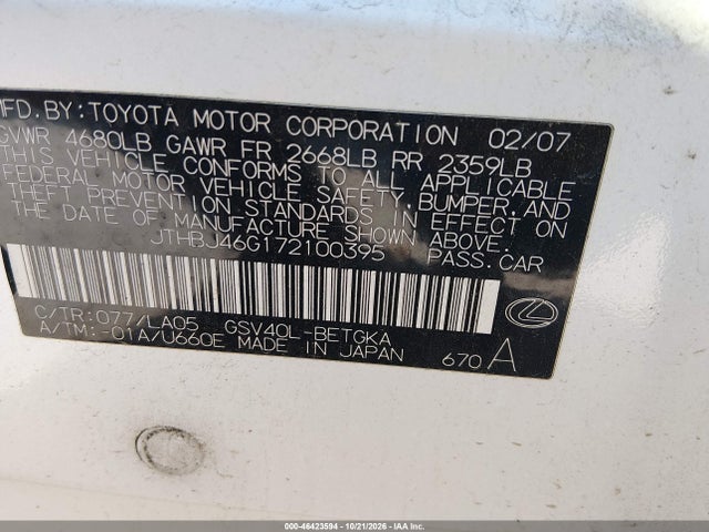 46423594 :رقم المزاد ، JTHBJ46G172100395 vin ، 2007 Lexus Es 350 مزاد بيع