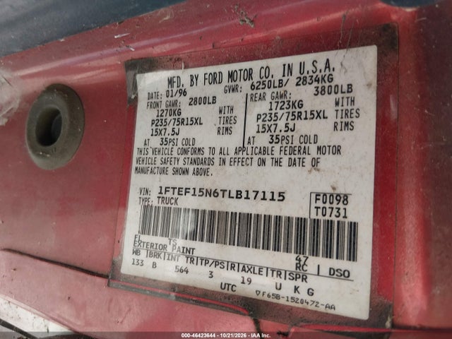 Aukcja sprzedaży 1996 Ford F150, vin: 1FTEF15N6TLB17115, numer aukcji: 46423644