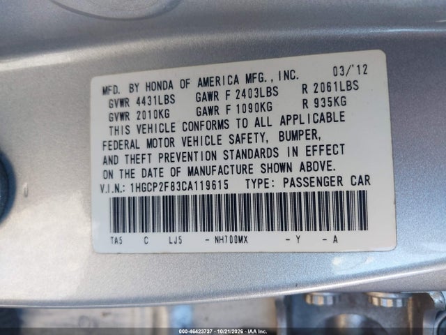 Продаж на аукціоні авто 2012 Honda Accord 2.4 Ex-l, vin: 1HGCP2F83CA119615, номер лоту: 46423737