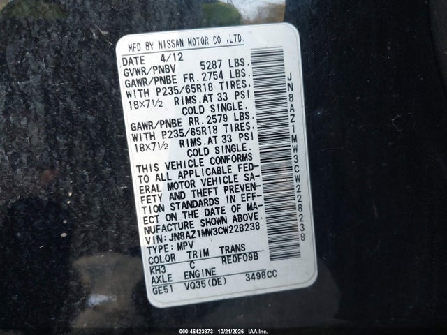 46423873 :رقم المزاد ، JN8AZ1MW3CW228238 vin ، 2012 Nissan Murano S مزاد بيع