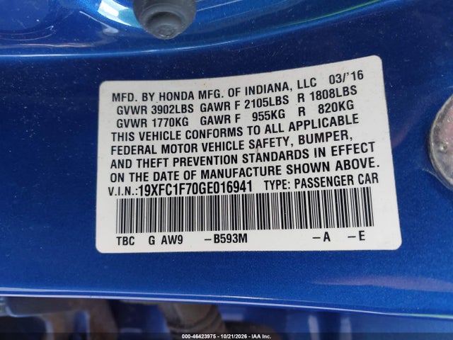 2016 Honda Civic Ex-l მანქანა იყიდება აუქციონზე, vin: 19XFC1F70GE016941, აუქციონის ნომერი: 46423975