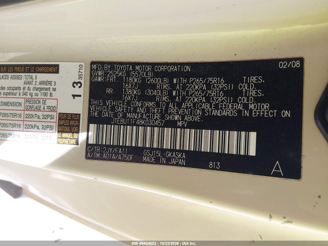 46424052 :رقم المزاد ، JTEBU11F48K030457 vin ، 2008 Toyota Fj Cruiser مزاد بيع