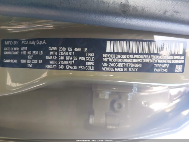 Продажа на аукционе авто 2015 Jeep Renegade Latitude, vin: ZACCJBBT1FPB48643, номер лота: 46424061