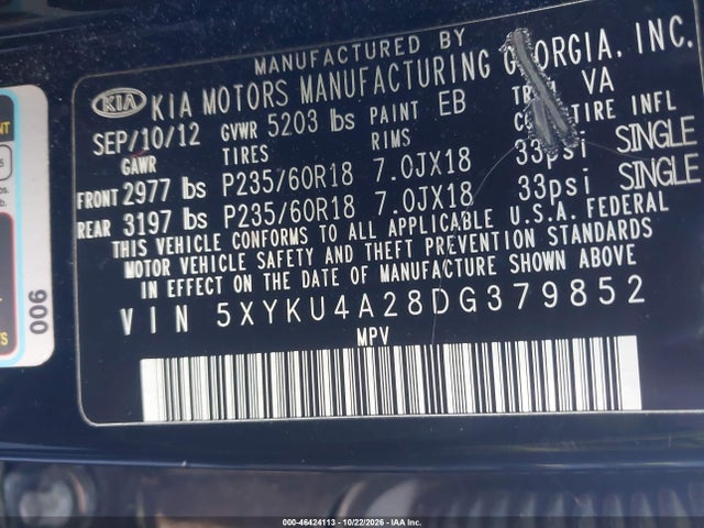 2013 Kia Sorento Ex V6 მანქანა იყიდება აუქციონზე, vin: 5XYKU4A28DG379852, აუქციონის ნომერი: 46424113