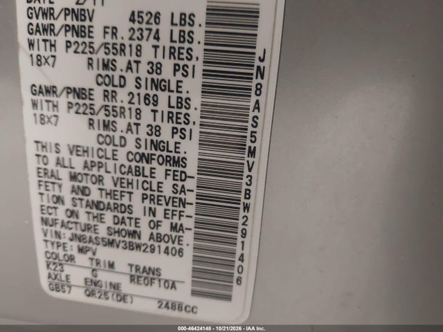 Aukcja sprzedaży 2011 Nissan Rogue Sv, vin: JN8AS5MV3BW291406, numer aukcji: 46424148