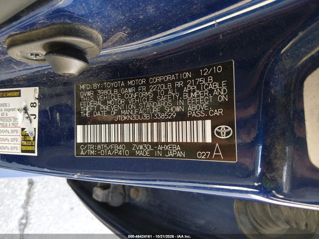 46424161 :رقم المزاد ، JTDKN3DU3B1338529 vin ، 2011 Toyota Prius مزاد بيع