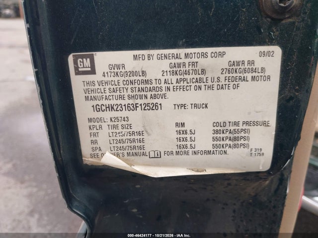 46424177 :رقم المزاد ، 1GCHK23163F125261 vin ، 2003 Chevrolet Silverado 2500hd Lt مزاد بيع