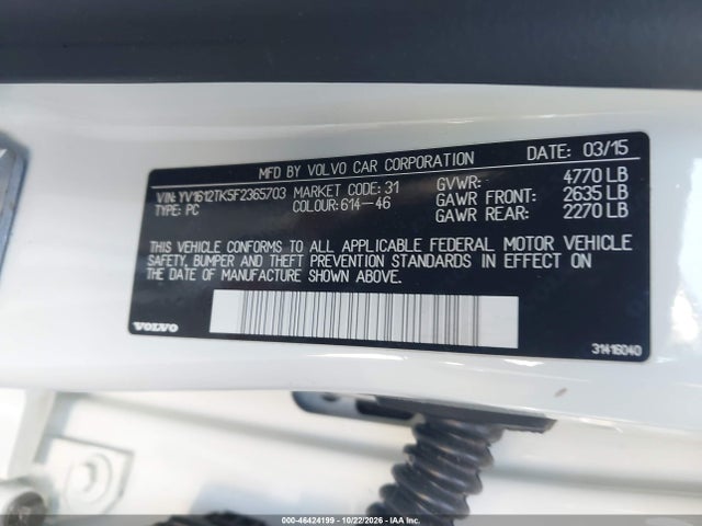 2015 Volvo S60 T5 Premier მანქანა იყიდება აუქციონზე, vin: YV1612TK5F2365703, აუქციონის ნომერი: 46424199