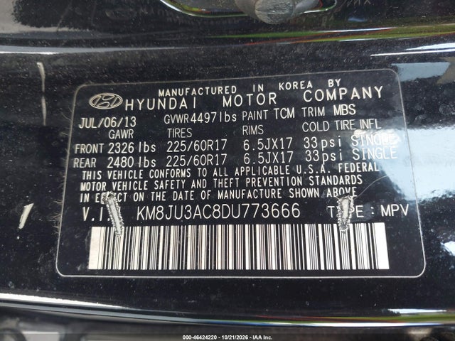 46424220 :رقم المزاد ، KM8JU3AC8DU773666 vin ، 2013 Hyundai Tucson Gls مزاد بيع