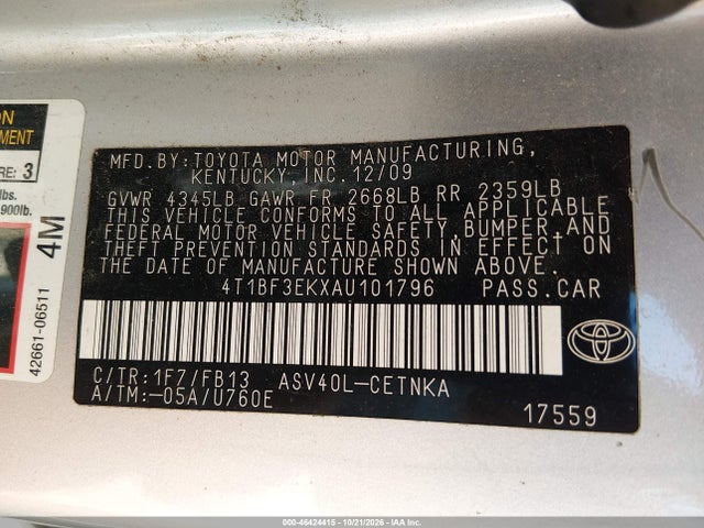 Продаж на аукціоні авто 2010 Toyota Camry Le, vin: 4T1BF3EKXAU101796, номер лоту: 46424415