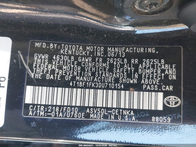 2013 Toyota Camry Le მანქანა იყიდება აუქციონზე, vin: 4T1BF1FK3DU710154, აუქციონის ნომერი: 46424421