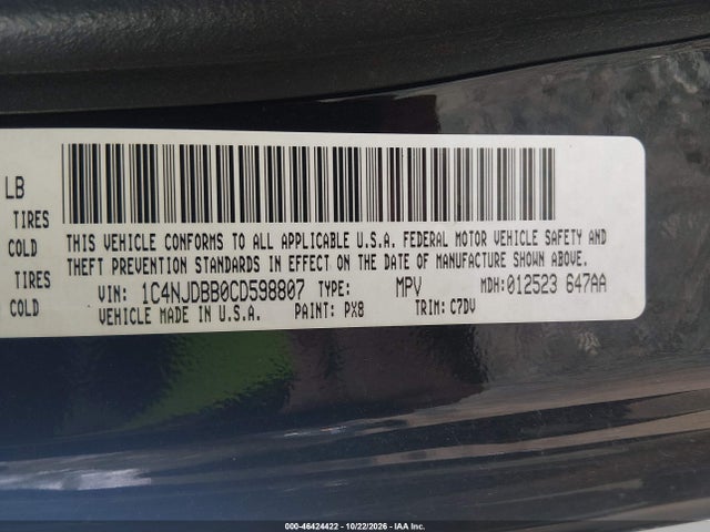 Продажа на аукционе авто 2012 Jeep Compass Sport, vin: 1C4NJDBB0CD598807, номер лота: 46424422