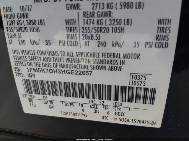 46424605 :رقم المزاد ، 1FM5K7DH3HGE22657 vin ، 2017 Ford Explorer Xlt مزاد بيع