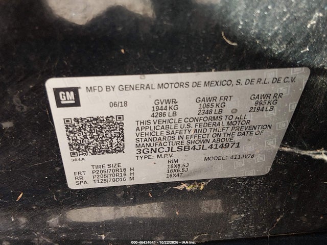 Aukcja sprzedaży 2018 Chevrolet Trax Lt, vin: 3GNCJLSB4JL414971, numer aukcji: 46424641