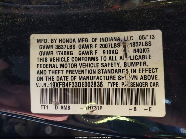 Aukcja sprzedaży 2013 Honda Civic Hybrid, vin: 19XFB4F33DE002836, numer aukcji: 46424697