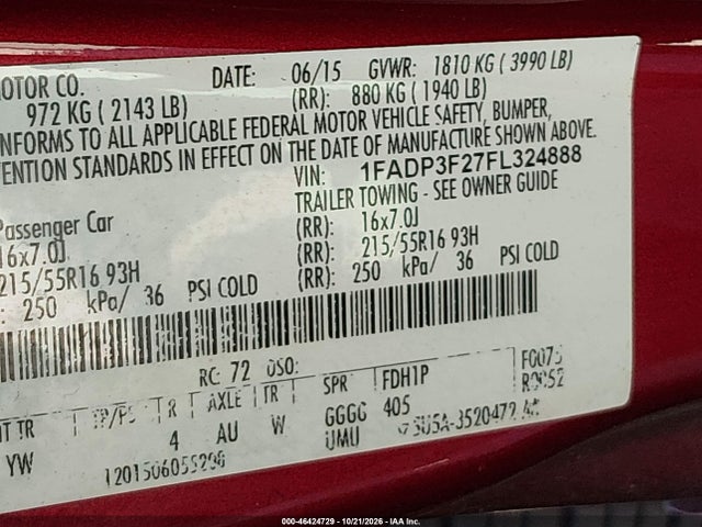 46424729 :رقم المزاد ، 1FADP3F27FL324888 vin ، 2015 Ford Focus Se مزاد بيع