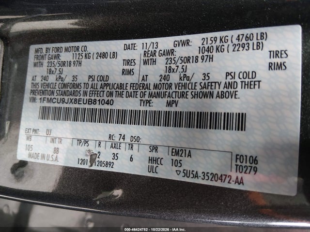 Продаж на аукціоні авто 2014 Ford Escape Titanium, vin: 1FMCU9JX8EUB81040, номер лоту: 46424782