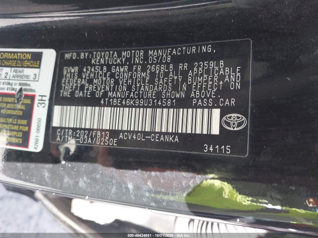 Продажа на аукционе авто 2009 Toyota Camry Le, vin: 4T1BE46K99U314581, номер лота: 46424851