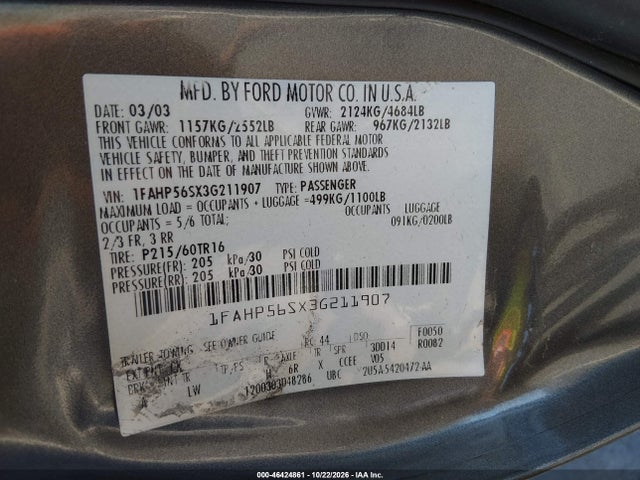 2003 Ford Taurus Sel მანქანა იყიდება აუქციონზე, vin: 1FAHP56SX3G211907, აუქციონის ნომერი: 46424861