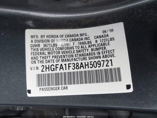 Продаж на аукціоні авто 2010 Honda Civic Vp, vin: 2HGFA1F38AH509721, номер лоту: 46425015
