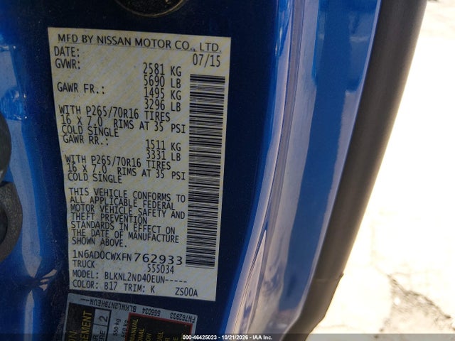 46425023 :رقم المزاد ، 1N6AD0CWXFN762933 vin ، 2015 Nissan Frontier Pro-4x/sv مزاد بيع