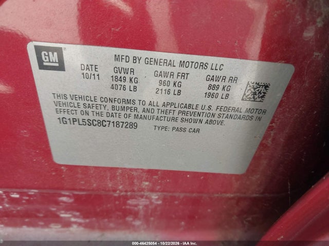 Aukcja sprzedaży 2012 Chevrolet Cruze 1lt, vin: 1G1PL5SC8C7187289, numer aukcji: 46425054