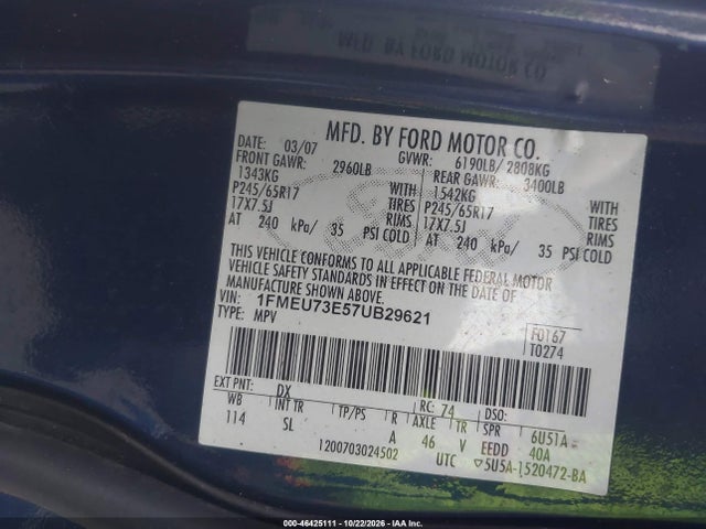 Aukcja sprzedaży 2007 Ford Explorer Xlt, vin: 1FMEU73E57UB29621, numer aukcji: 46425111