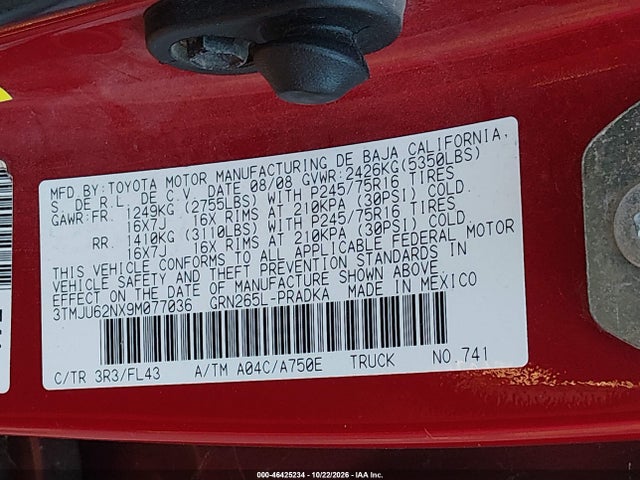46425234 :رقم المزاد ، 3TMJU62NX9M077036 vin ، 2009 Toyota Tacoma Prerunner V6 مزاد بيع