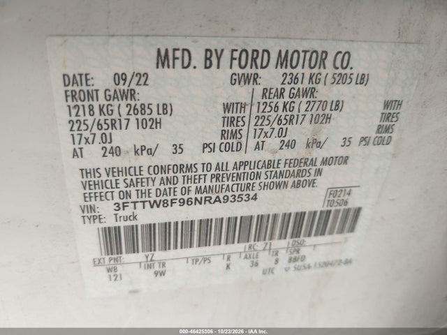Aukcja sprzedaży 2022 Ford Maverick Xl, vin: 3FTTW8F96NRA93534, numer aukcji: 46425306
