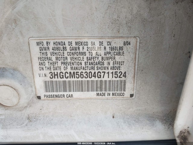 46425388 :رقم المزاد ، 3HGCM56304G711524 vin ، 2004 Honda Accord 2.4 Lx مزاد بيع