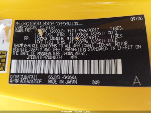 Aukcja sprzedaży 2007 Toyota Fj Cruiser, vin: JTEBU11F470048774, numer aukcji: 46425411