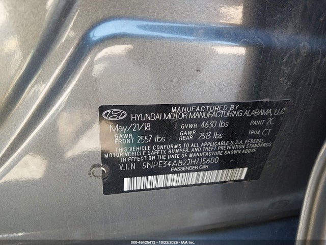 46425413 :رقم المزاد ، 5NPE34AB2JH715600 vin ، 2018 Hyundai Sonata Limited 2.0t+ مزاد بيع