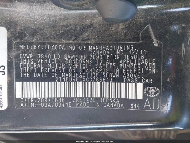 2012 Toyota Corolla Le მანქანა იყიდება აუქციონზე, vin: 2T1BU4EEXCC766613, აუქციონის ნომერი: 46425532