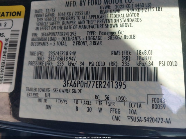 2014 Ford Fusion Se მანქანა იყიდება აუქციონზე, vin: 3FA6P0H77ER241395, აუქციონის ნომერი: 46425615