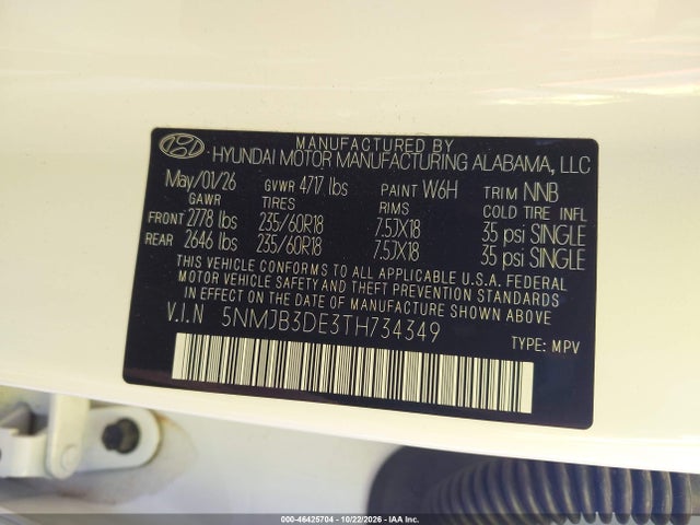Продажа на аукционе авто 2026 Hyundai Tucson Sel, vin: 5NMJB3DE3TH734349, номер лота: 46425704