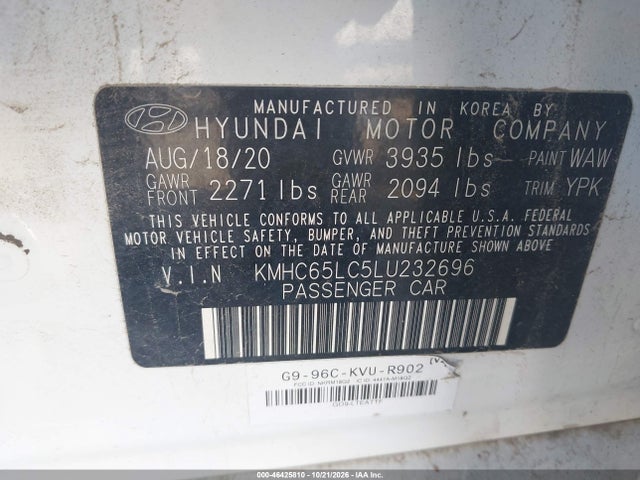 Aukcja sprzedaży 2020 Hyundai Ioniq Hybrid Blue, vin: KMHC65LC5LU232696, numer aukcji: 46425810