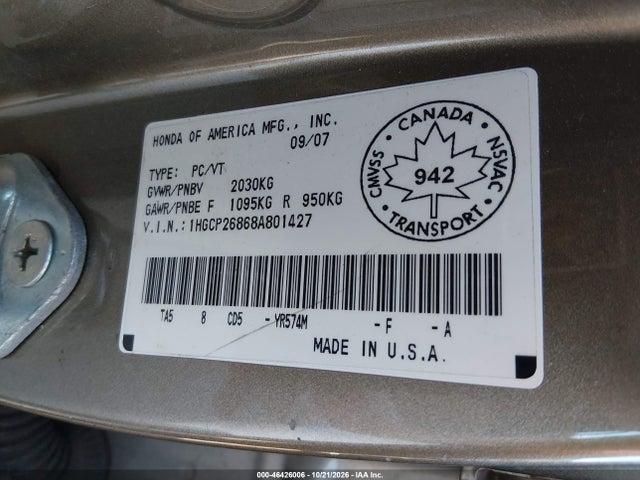 46426006 :رقم المزاد ، 1HGCP26868A801427 vin ، 2008 Honda Accord 2.4 Ex-l مزاد بيع
