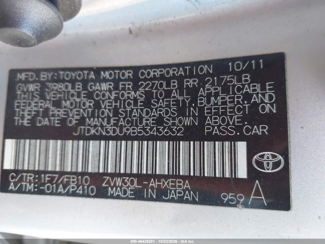 Aukcja sprzedaży 2011 Toyota Prius Two, vin: JTDKN3DU9B5343632, numer aukcji: 46426201