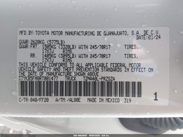 2024 Toyota Tacoma Sr5 მანქანა იყიდება აუქციონზე, vin: 3TYKB5FN8RT001477, აუქციონის ნომერი: 46426401