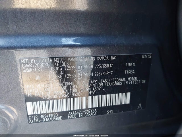 Продаж на аукціоні авто 2019 Toyota Rav4 Le, vin: 2T3H1RFV1KW019520, номер лоту: 46426430