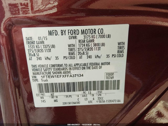 Aukcja sprzedaży 2015 Ford F-150 Xlt, vin: 1FTEW1EFXFFA37134, numer aukcji: 46426531