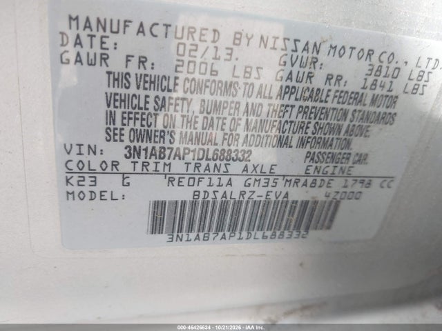 Aukcja sprzedaży 2013 Nissan Sentra Sr, vin: 3N1AB7AP1DL688332, numer aukcji: 46426634