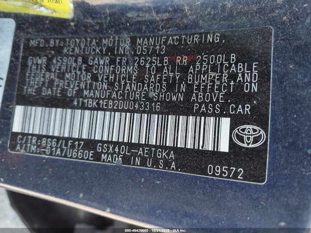 46426660 :رقم المزاد ، 4T1BK1EB2DU043316 vin ، 2013 Toyota Avalon Xle Premium مزاد بيع