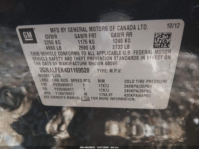 2013 Chevrolet Equinox Ltz მანქანა იყიდება აუქციონზე, vin: 2GNALFEK4D1169528, აუქციონის ნომერი: 46426922